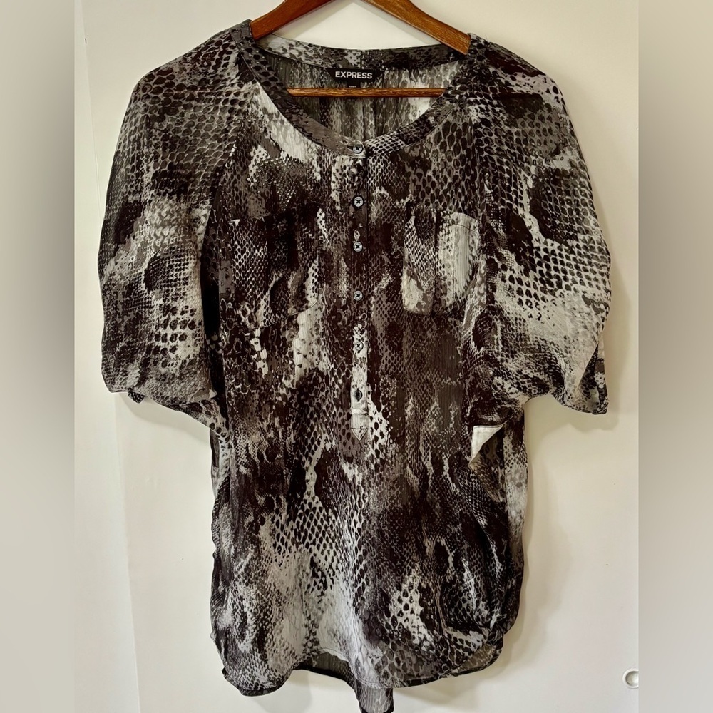 Express| Sheer Black & White Snake Print Rolled Short Sleeve Blouse Sz M